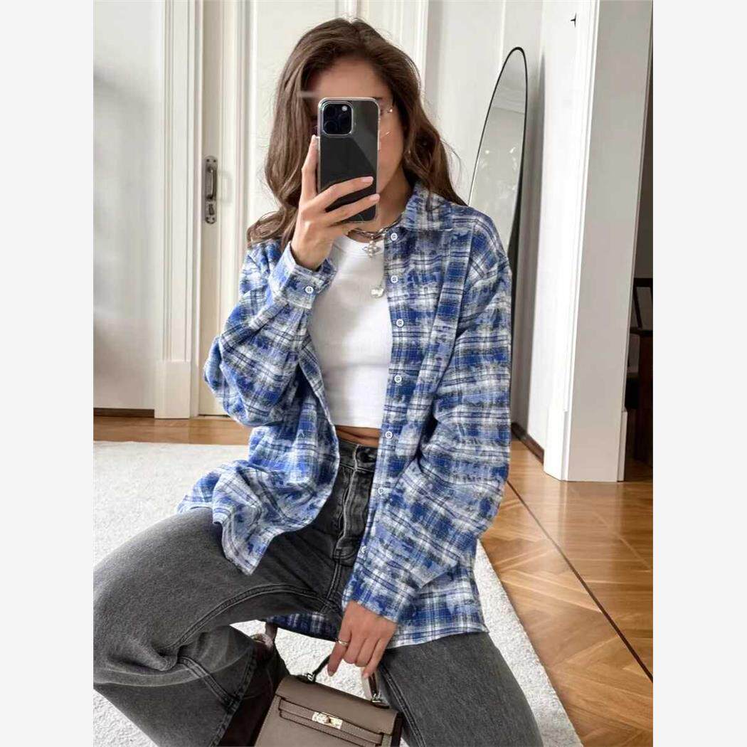 欧美风时尚新款经典格纹翻领宽松长袖衬衫 Checkered loose shirt
