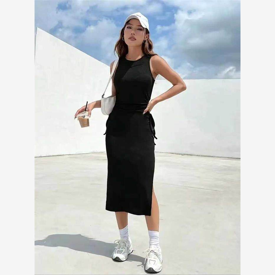 欧美风时尚圆领腰部抽绳镂空连衣裙 Drawstring hollow out dress