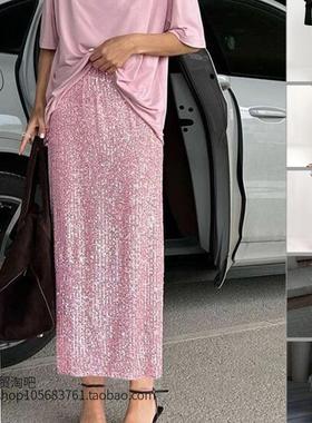 欧美风新款纯色亮片后开叉时尚休闲半身裙Back slit sequin skirt