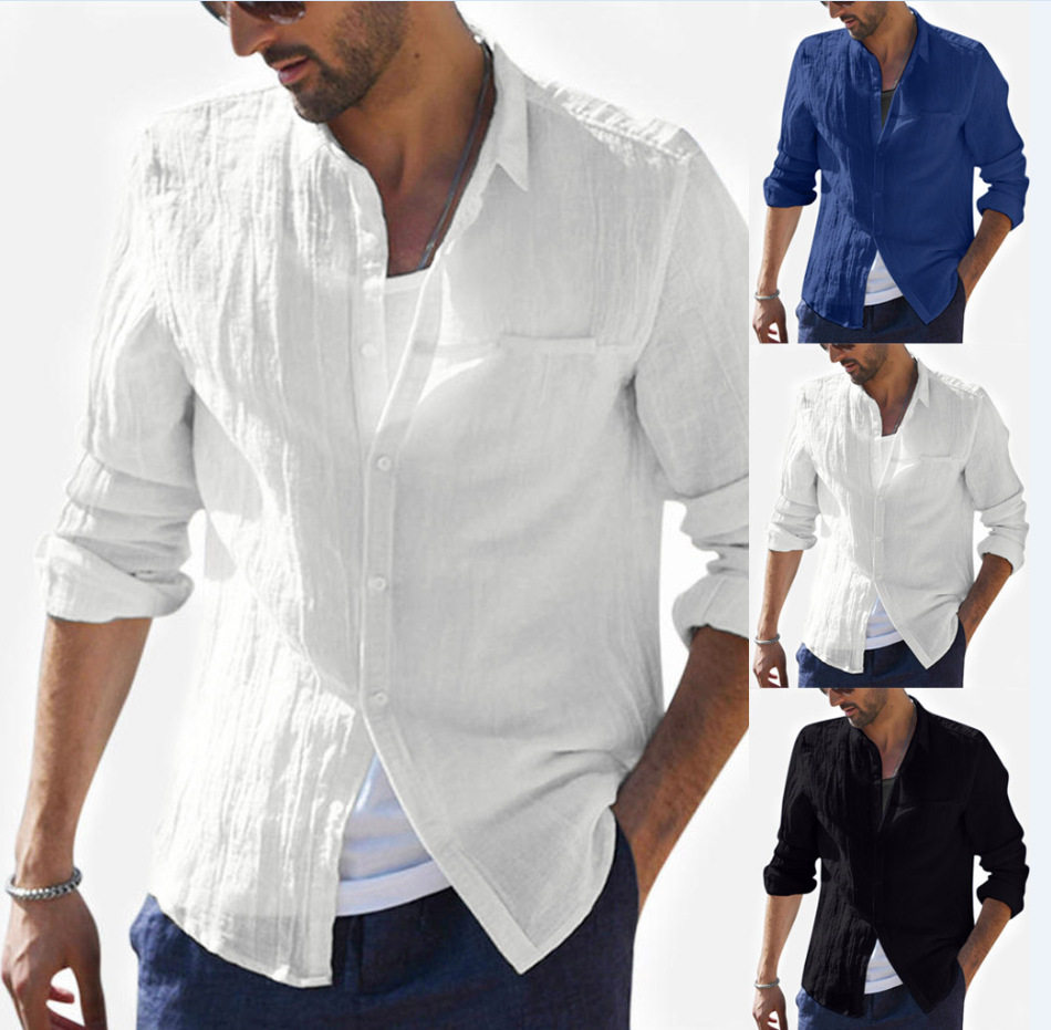 summer mens long sleeve shirts for men棉麻衬衫长袖上衣男薄款