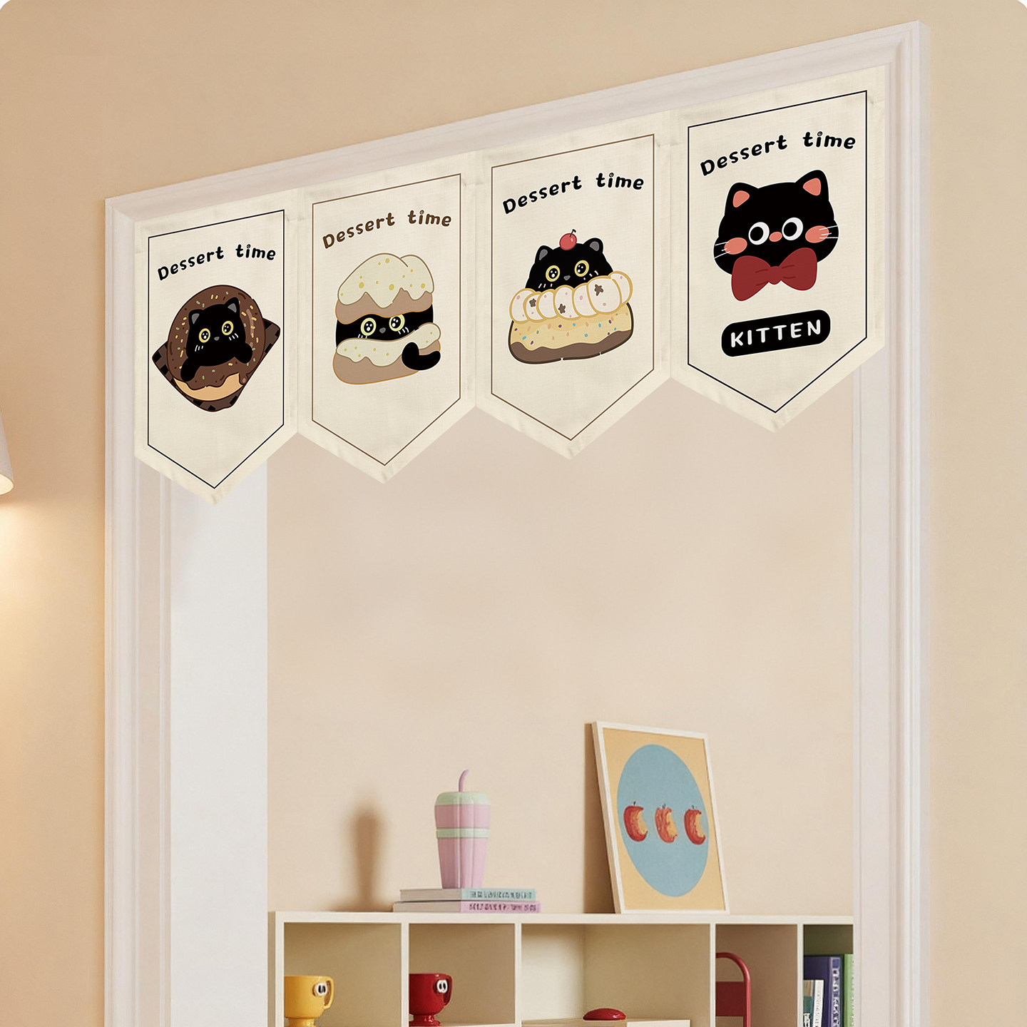 卡通可爱三角旗帘卧室儿童房装饰免打孔遮挡帘隔断帘猫咪帘头短帘,居家布艺,门帘,淘宝优惠券,粉丝福利购,淘宝优惠卷