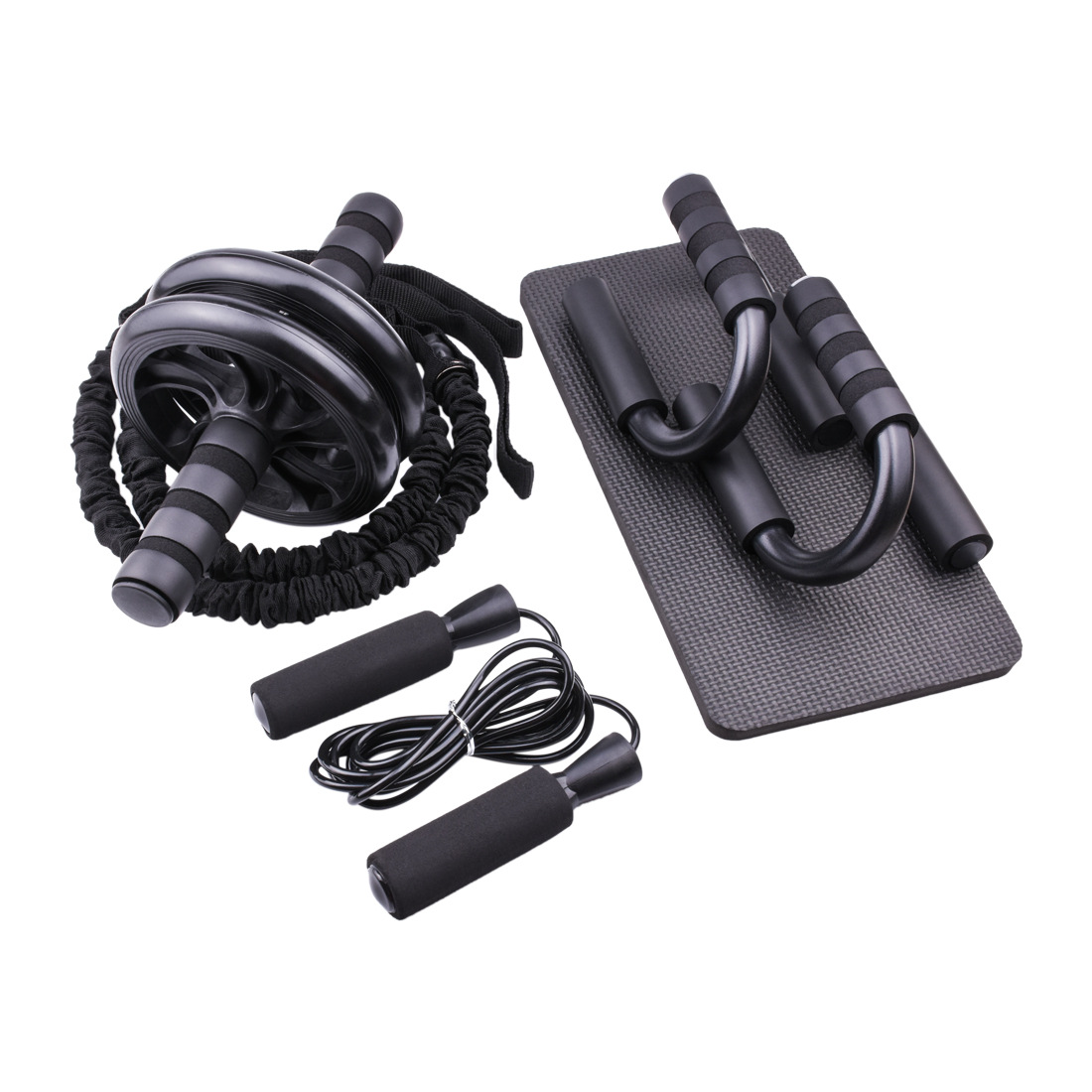 新款黑色家用健身器套装家用家庭健身器材腹肌轮俯卧撑双轮健腹轮