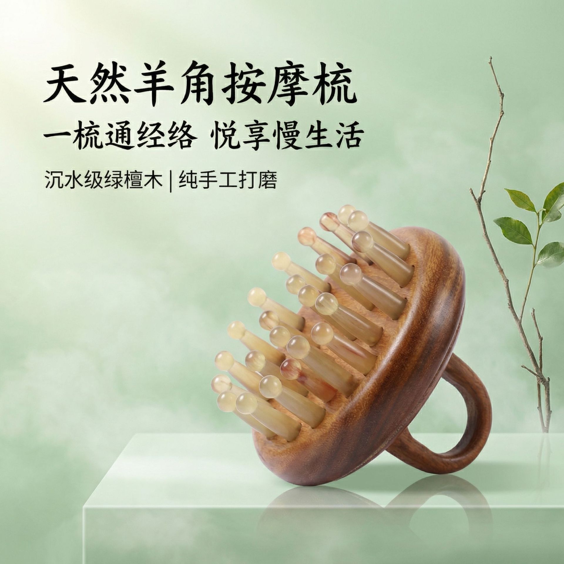 天然羊角按摩梳沉水级绿檀木指环梳头部经络梳头皮按摩器工厂