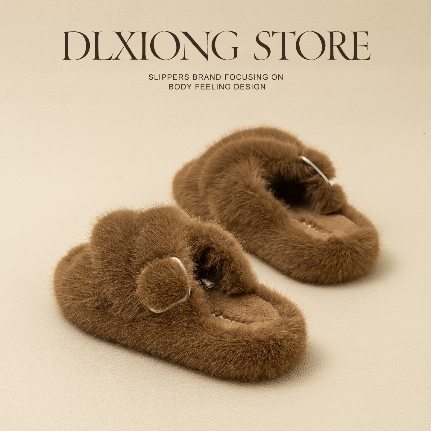 时尚交叉带毛拖鞋女款可外穿