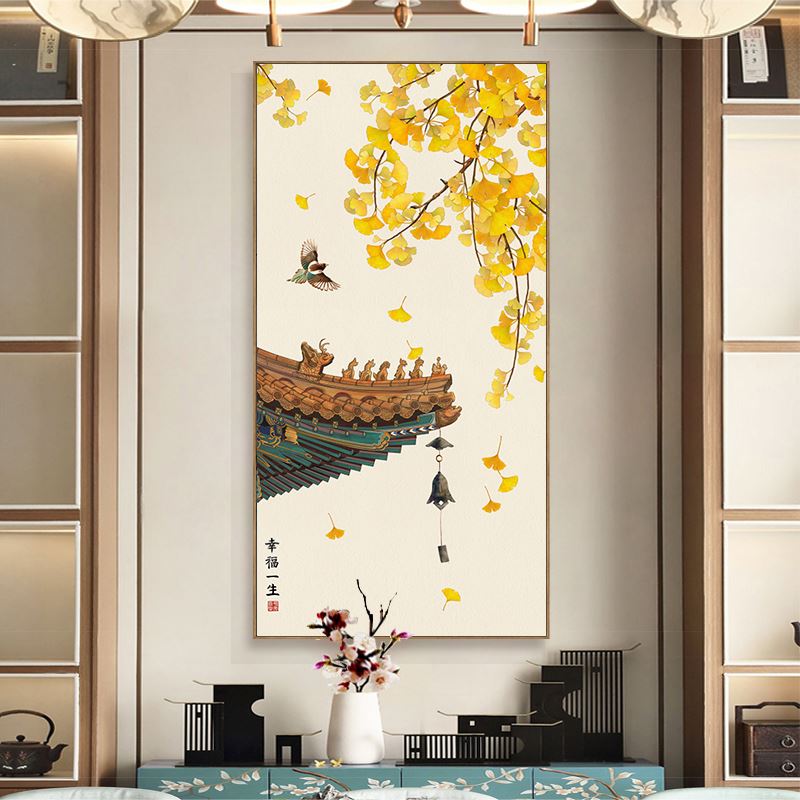新中式玄关装饰画竖版银杏叶壁画入户门正对墙画古典建筑楼梯挂画