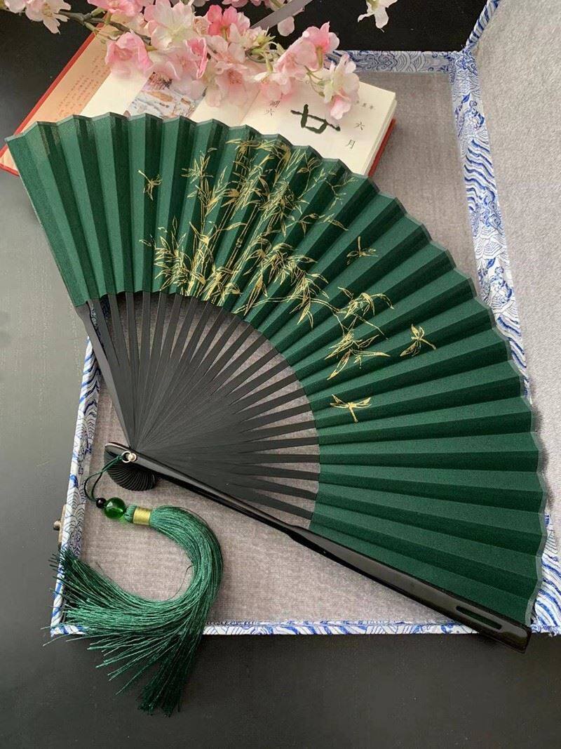 中国风折扇子男生便携8寸复折叠古典古装汉服黑色绿色竹林大0526w