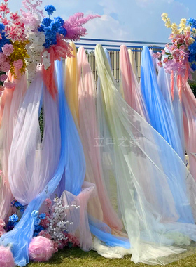 幼儿园彩虹帷纱幔户外场地背景墙环创布置装饰六一舞台吊顶挂幕布