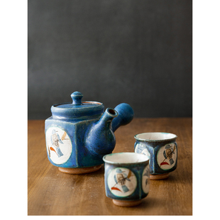 现货日本进口作家手绘陶制复古古朴蓝釉花鸟茶具茶器茶壶茶杯套装