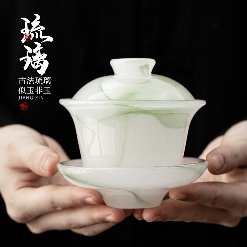 古法琉璃三才盖碗中式不烫手泡茶碗家用大号茶杯功夫茶具单个茶碗