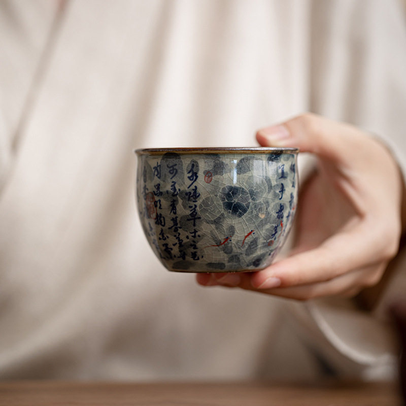 复古老陶泥仿古青花瓷茶盏品茗杯主人杯陶瓷功夫茶具茶杯单杯