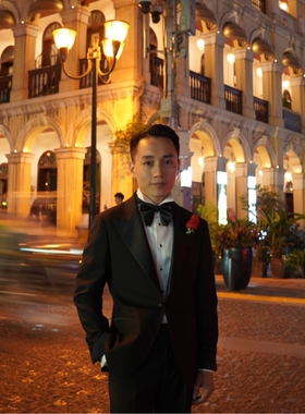 【MTM半定制】英式塔士多黑色戗驳领羊毛四季婚礼晚宴礼服套装