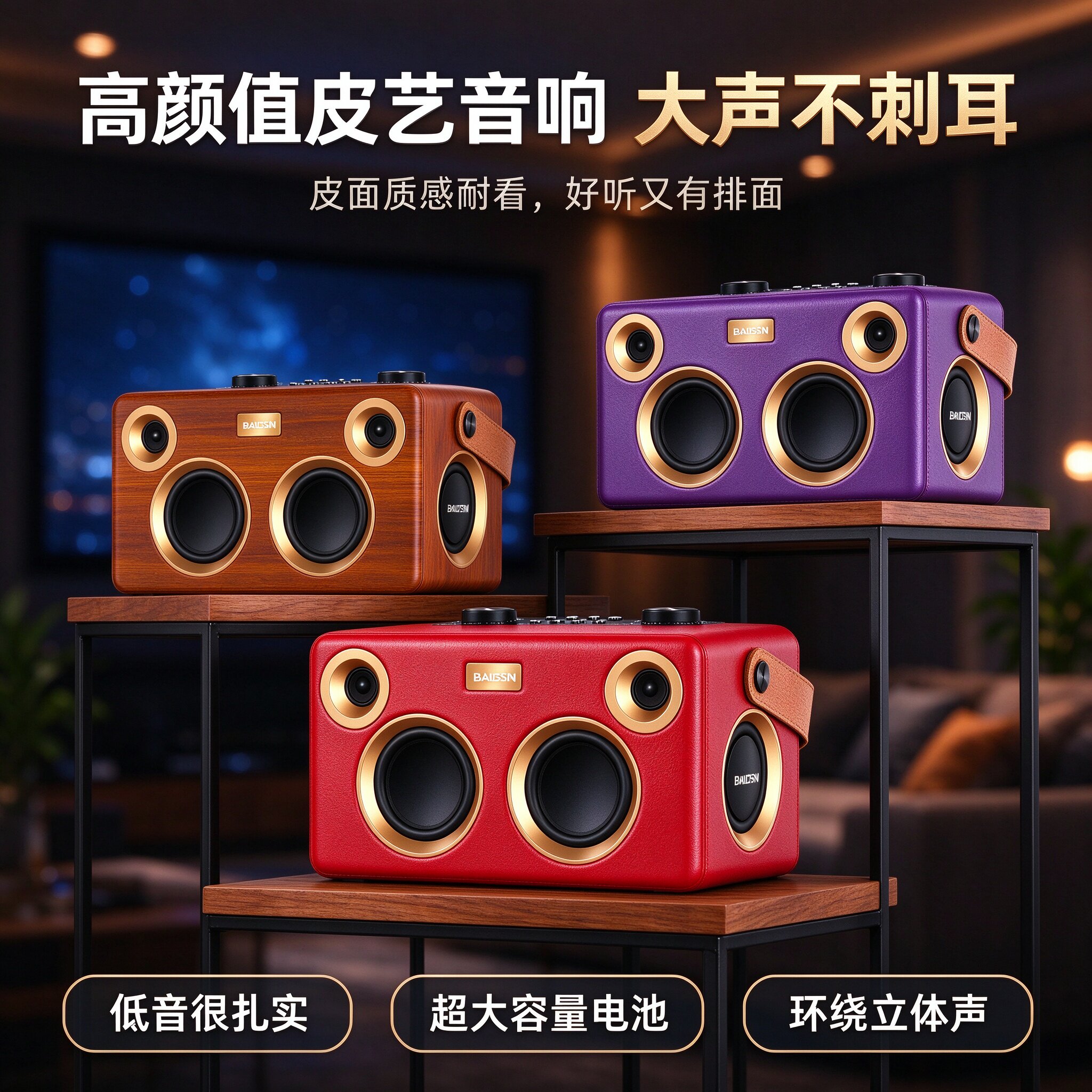 宝仕尼轻奢时尚皮革户外K歌蓝牙音箱手提便携式大功率音响重低音