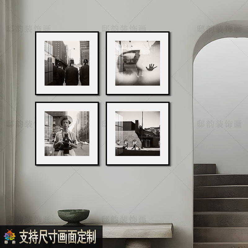 酒店黑白正方形装饰画民宿样板间房间墙壁画现代简约餐厅饭厅挂画图片
