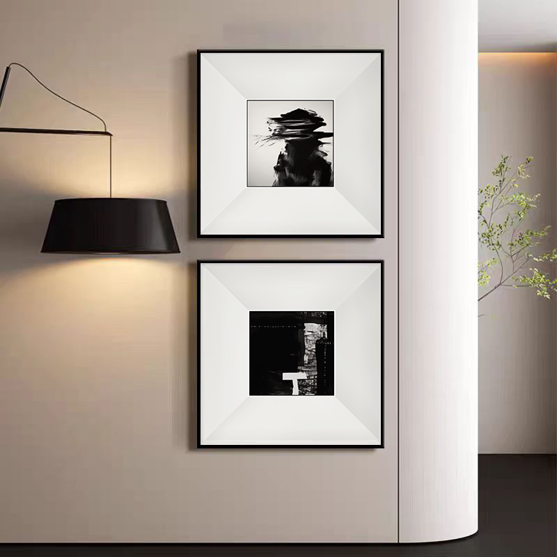 中古风黑白正方形装饰画民宿卧室床头晶瓷画酒店房间软装抽象挂画