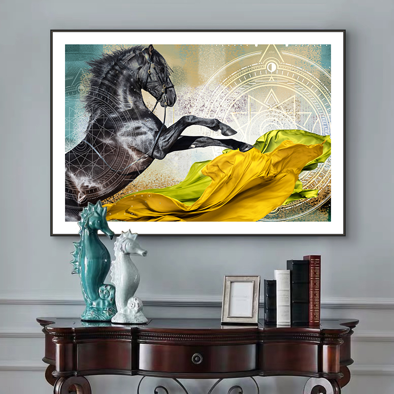 马到成功玄关柜上装饰画横版美式轻奢挂画卧室餐厅抽象艺术马墙画