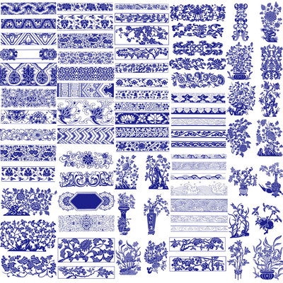 77款青花瓷器雕花纹样花边框传统装饰图案古典雕刻盆景矢量图素材