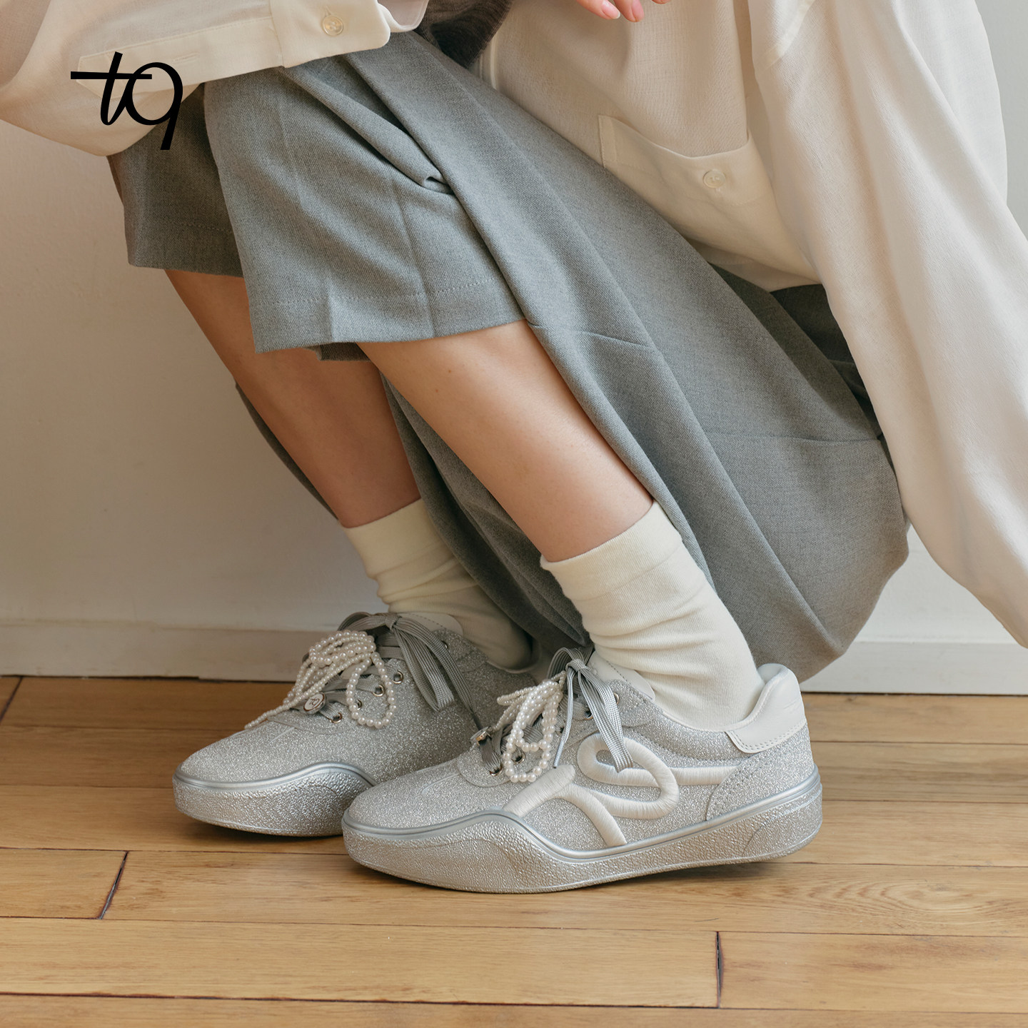 Talitaqoom2026春季新款银闪可拆卸珍珠婚鞋爆闪德训鞋tq女休闲鞋,女鞋,德训鞋,淘宝优惠券,粉丝福利购,淘宝优惠卷