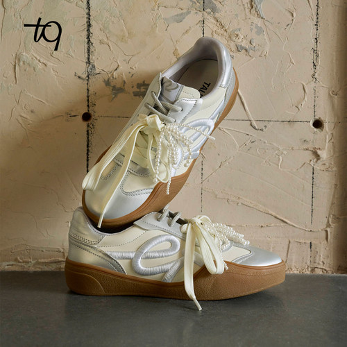 Talitaqoom2025春季新款芭蕾风焦糖德训鞋tq系带真皮刺绣休闲鞋女