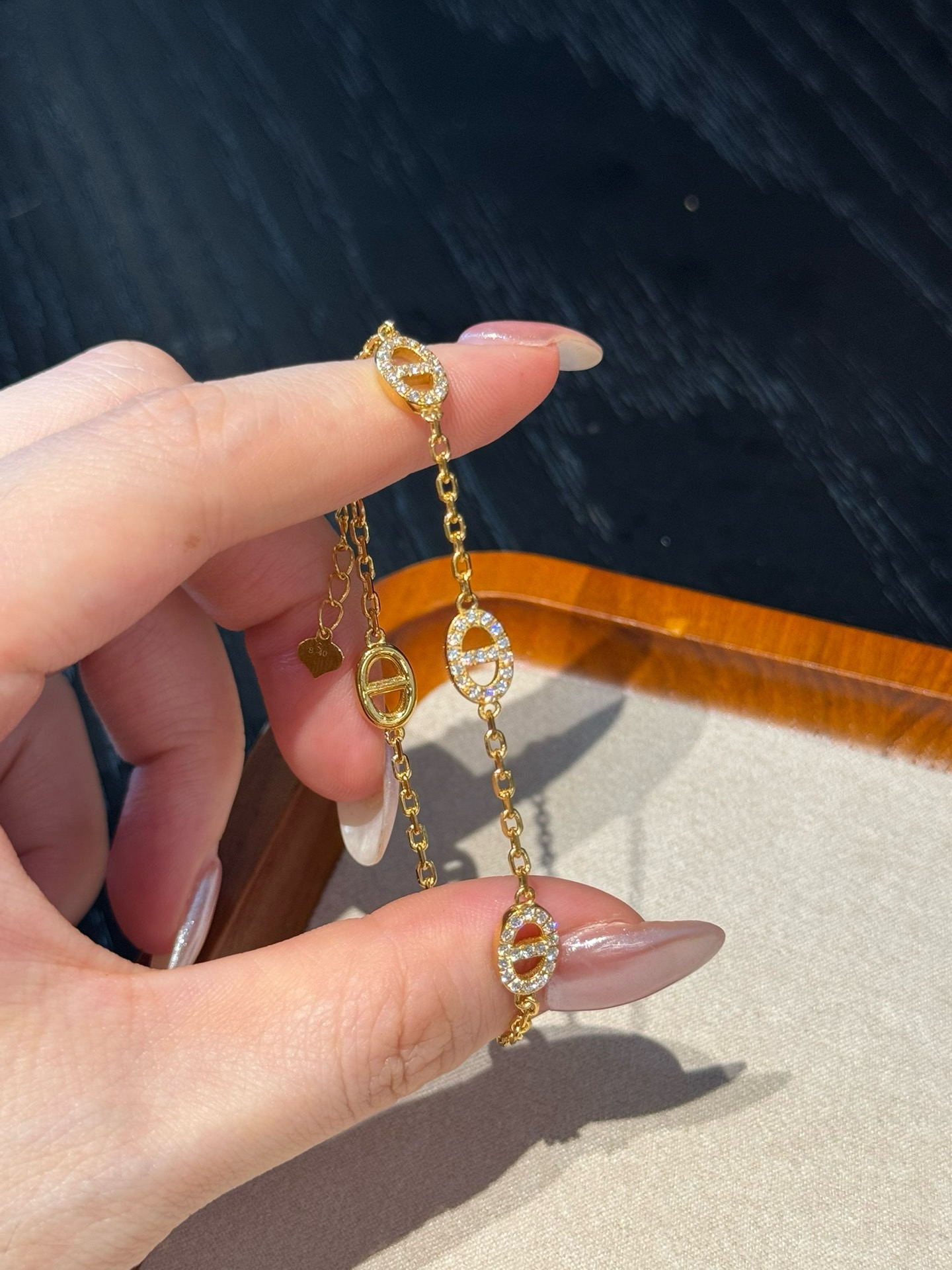 双面间隔猪鼻手链黄金镶嵌999足金