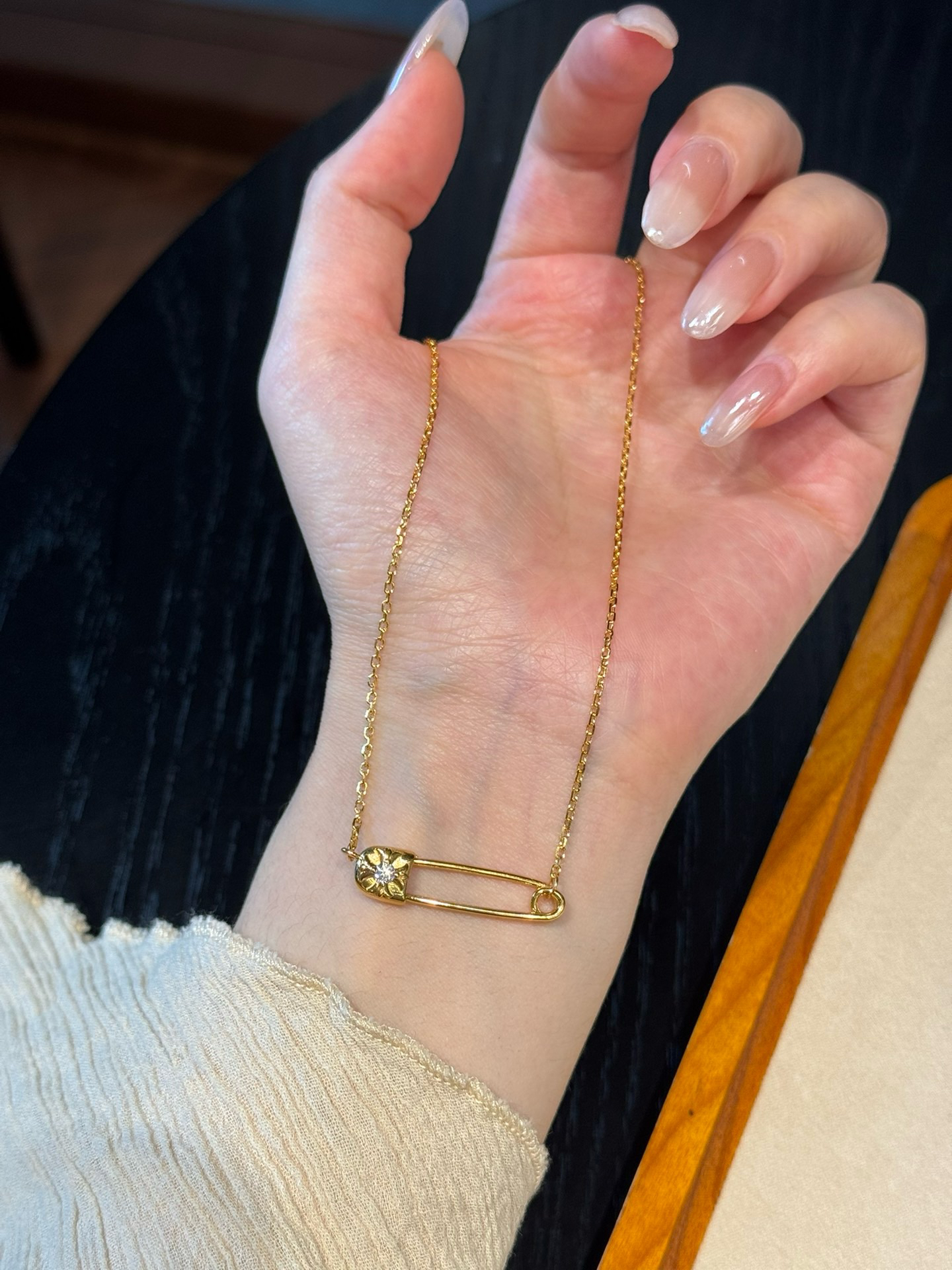 黄金别针项链999足金镶嵌套链