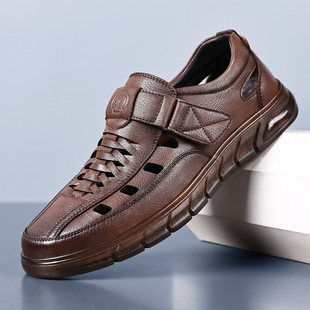 男士 软底洞洞鞋 2025夏季 真皮透气镂空皮鞋 休闲爸爸皮 新款 凉鞋