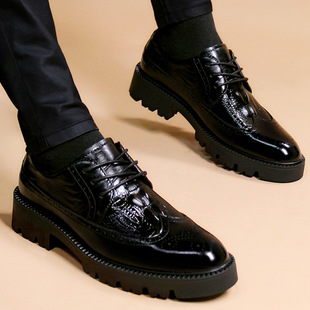 商务皮鞋 正装 男鳄鱼纹尖头英伦韩版 男士 2025春季 布洛克休闲鞋 新款