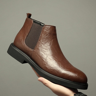 英伦切尔西靴男真皮短靴马丁靴软皮一脚蹬商务高帮皮鞋 靴 高档工装