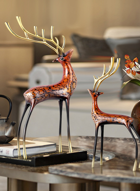 一路有你结婚礼物高档鹿摆件铜彩绘工艺品客厅玄关酒柜卧室装饰品