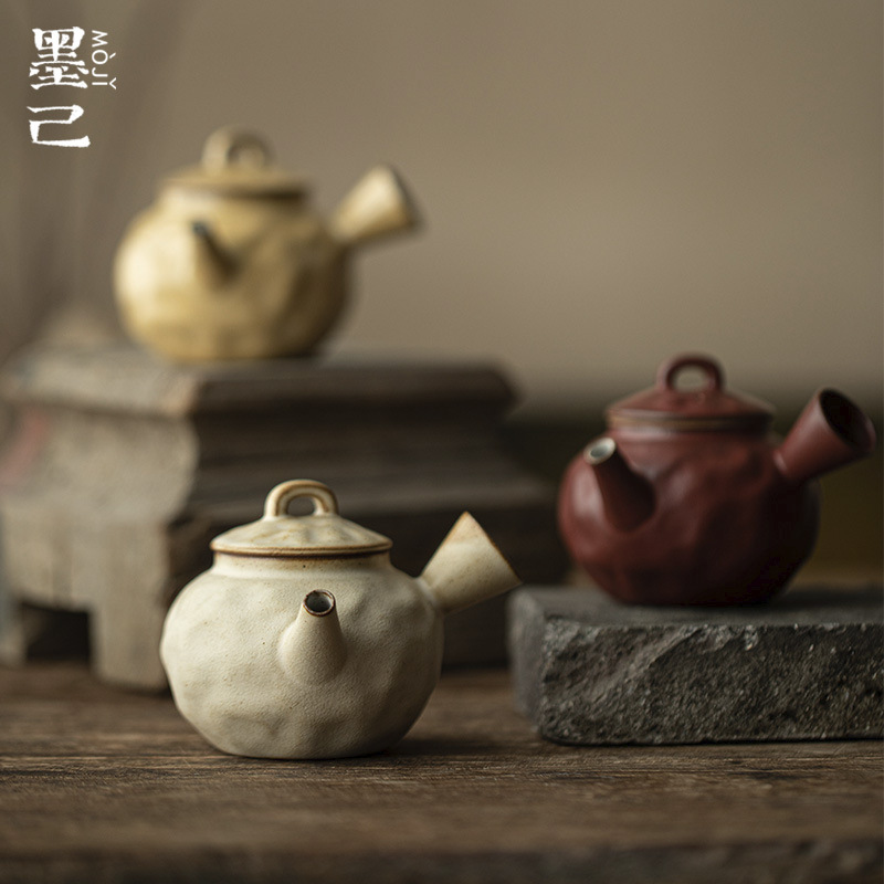 墨己日式粗陶侧把茶壶家用侘寂风功夫茶具泡茶侧把壶仿古做旧茶壶