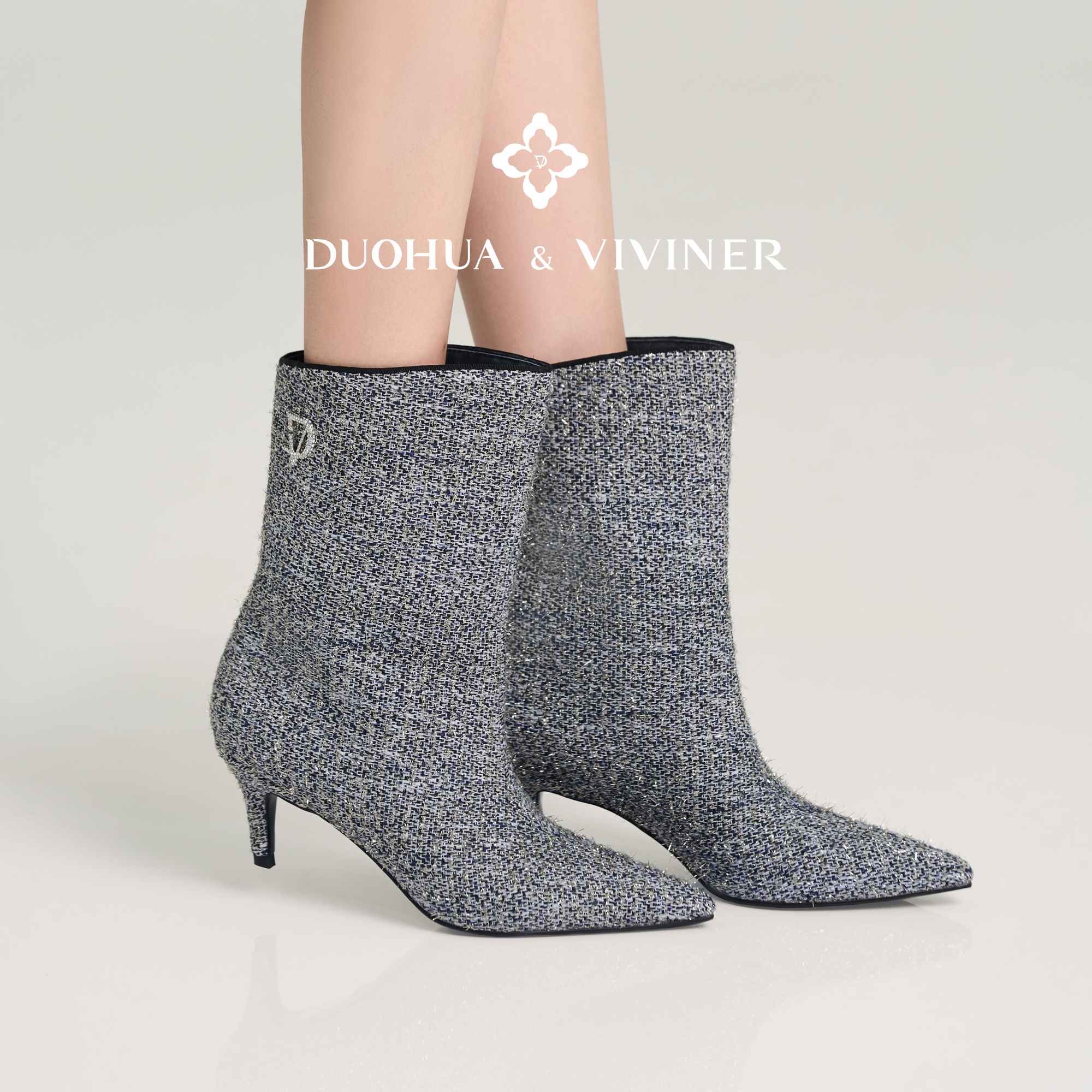 DV25早秋新款粗花呢短靴女猫跟小香风显瘦靴子DUOHUA&VIVINER