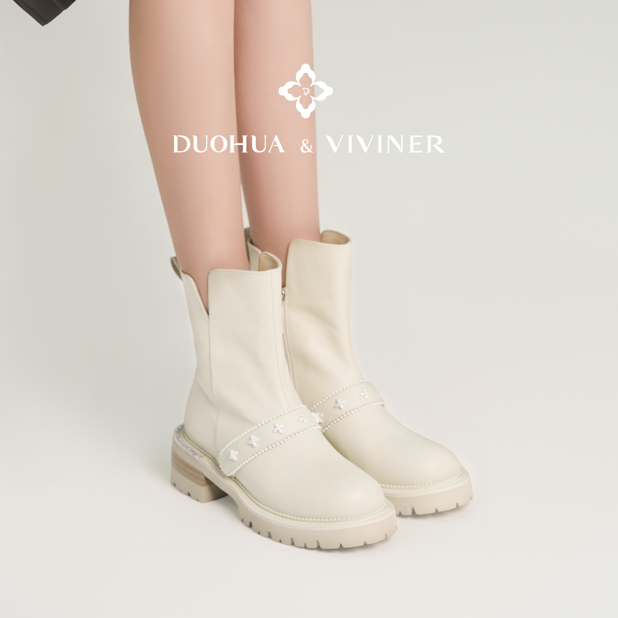DV秋冬新款白色短靴女时尚百搭短筒靴靴子女靴DUOHUA&VIVINER