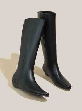 黑色长筒靴骑士靴女2025新款尖头不过膝高级感法式长筒靴丑丑靴