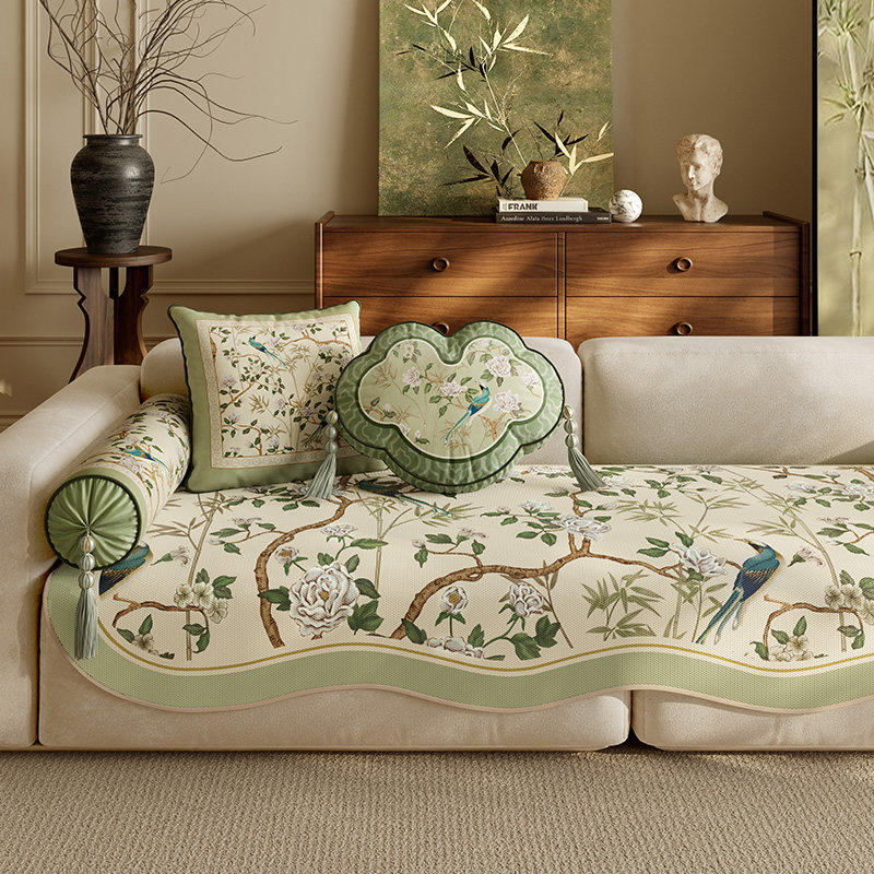 沙发垫夏季冰丝凉坐垫防滑中式高级感中国风扶手靠保护壳巾翠玉鸣