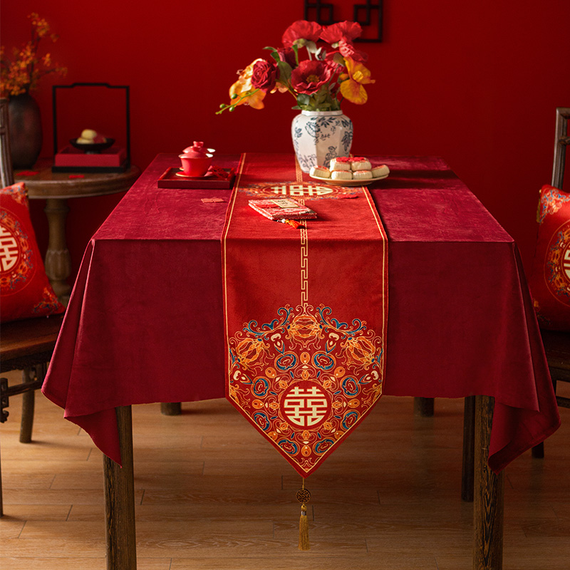 满堂彩新中式红色桌旗结婚卧室长条床旗客厅茶几桌布覆古奢华高级