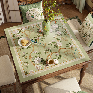 高级感新中式正方形八仙餐桌垫防水防油防烫免洗麻将桌布翠玉鸣鸾