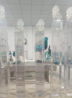 新中式透明树脂狮子摆件金箔拴马桩立柱酒店别墅家居貔貅雕塑落地