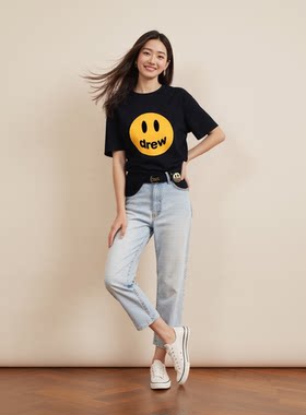 大笑脸印花纯棉短袖T恤宽松圆领潮流男女同款情侣休闲百搭半袖ins