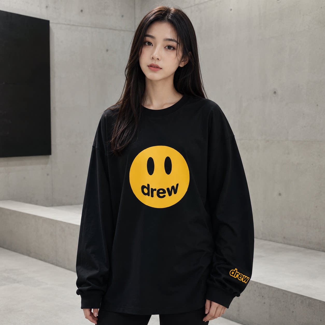 drew笑脸纯棉长袖T恤宽松圆领潮流男女同款情侣百搭休闲打底衫ins