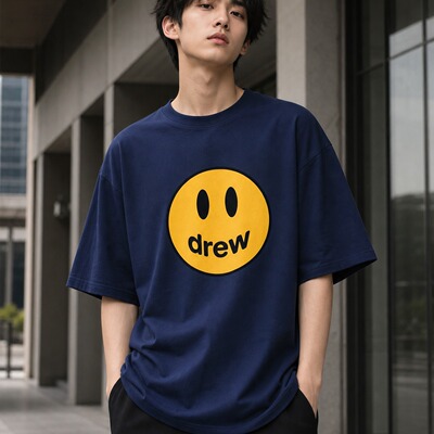 drew笑脸纯棉短袖宽松圆领美式复古高街潮牌男女同款情侣百搭T恤