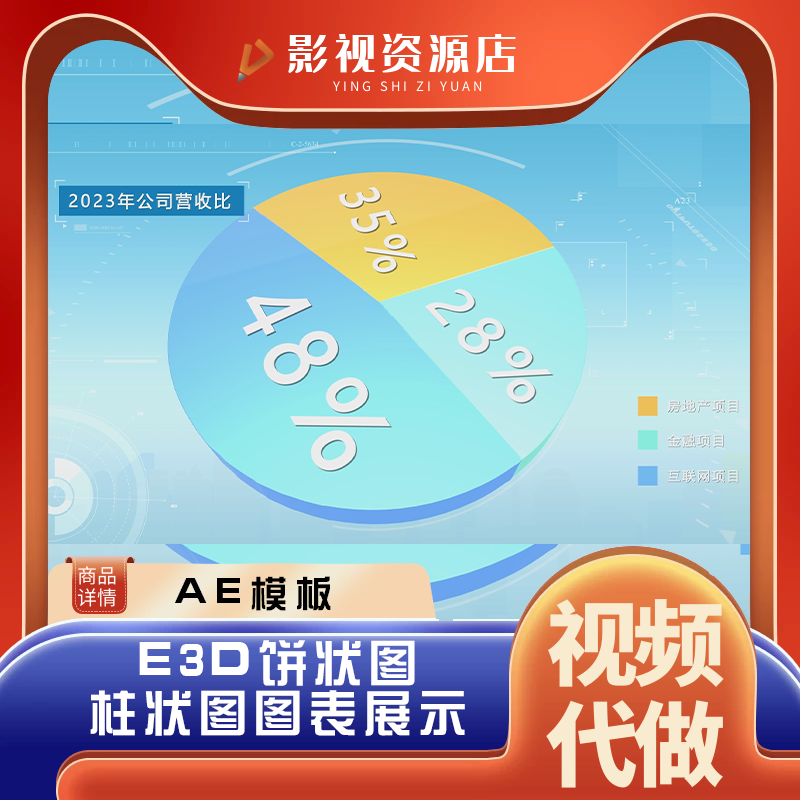 E3D三维立体数据统计图形图标柱状图饼状展示图表动画 AE模板代做
