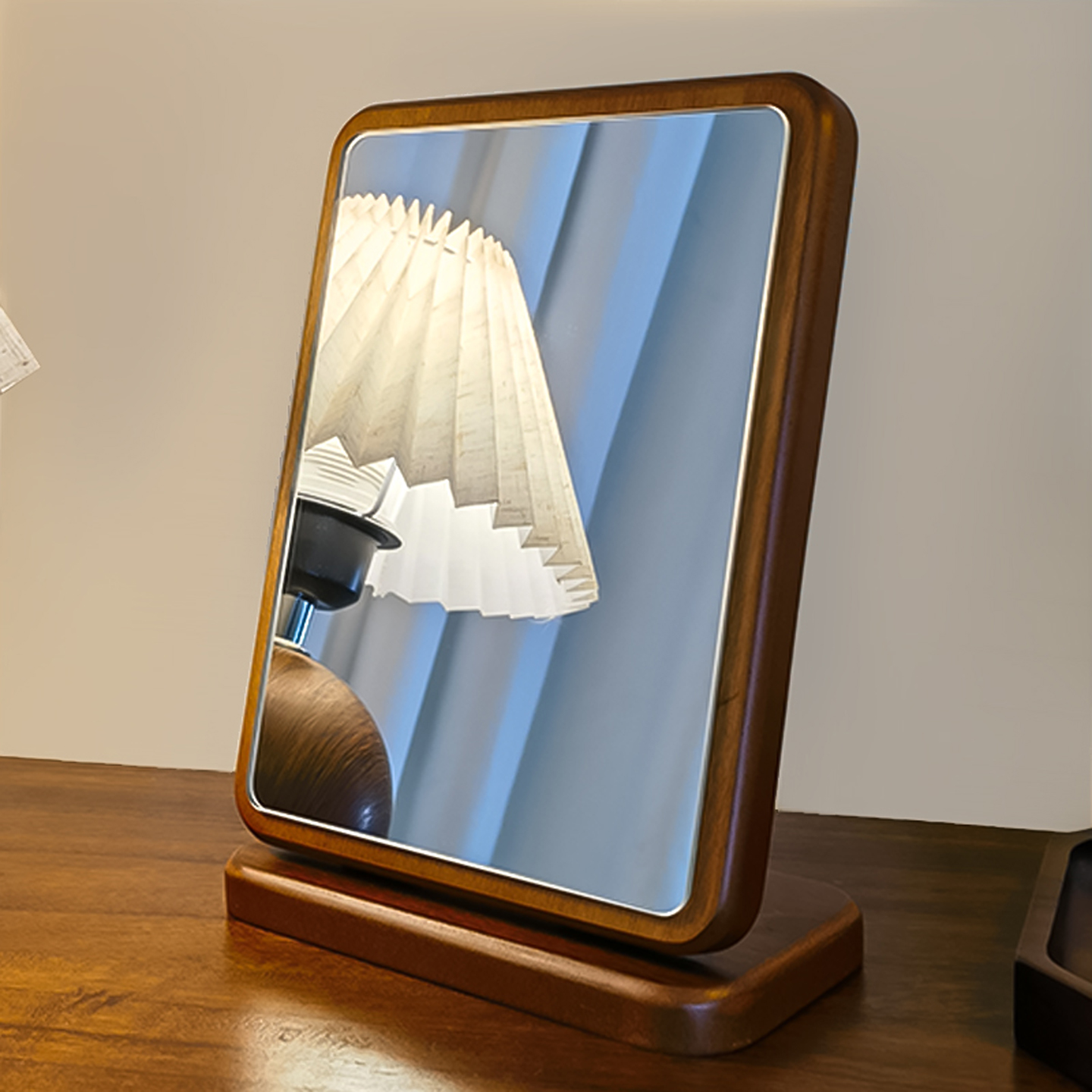 桌面复古轻奢方形化妆镜子高清可折叠台镜高级感胡桃色简约台式镜