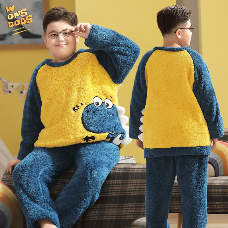 胖童大码恐龙儿童睡衣男童冬保暖厚珊瑚绒男孩大童宽松家居服套装