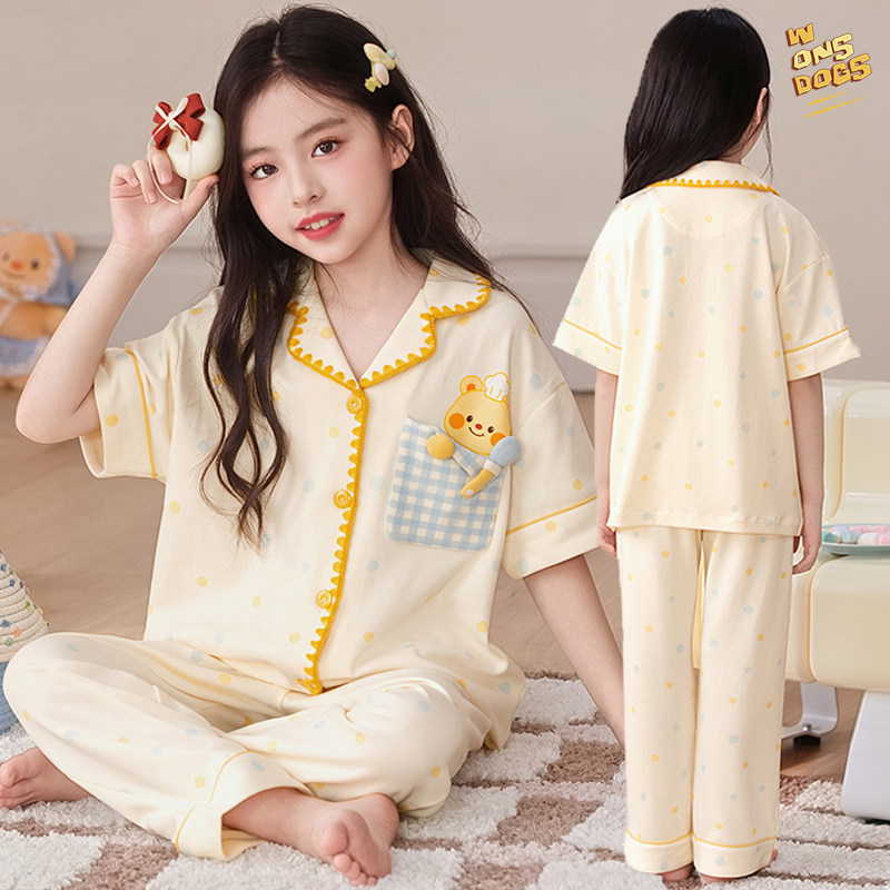 小熊儿童睡衣女童夏季薄款纯棉短袖长裤小孩中大童亲子家居服套装