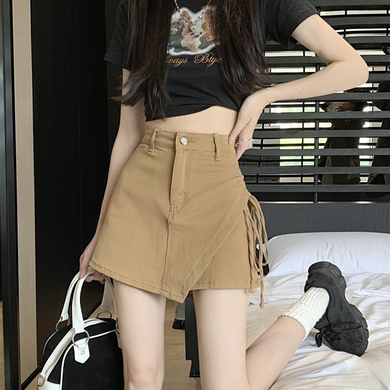 卡其色半身裙女新款春夏季黑粉白咖小个子裙裤不规则抽绳牛仔短裙