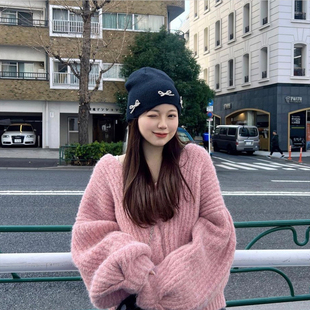 韩国小众时尚ins博主同款蝴蝶结针织毛线帽女秋冬大头围百搭冷帽