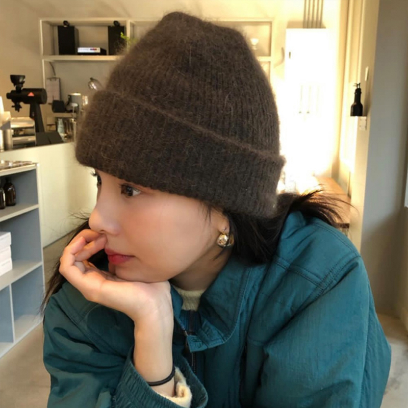 兔毛针织毛线帽女黑色可爱显脸小