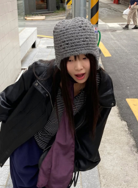 冬季复古灰护耳显脸小针织飞行帽