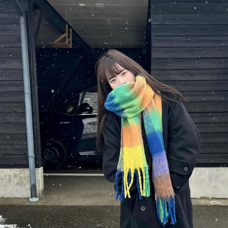 彩虹拼色流苏格子围巾