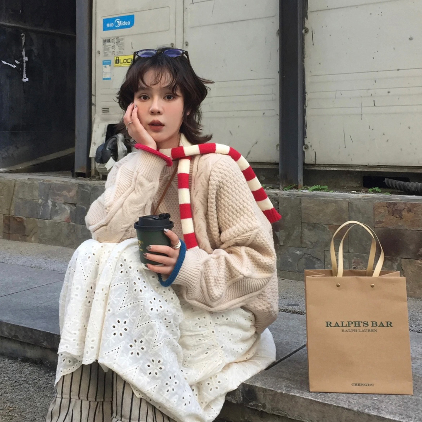 韩版拼色细条纹腊肠围巾