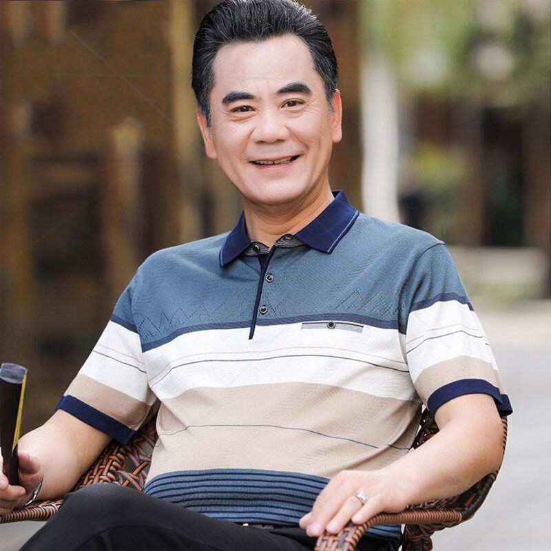 中年爸爸夏装短袖t恤男40-50岁中老年夏季父亲衣服冰丝男士polo衫